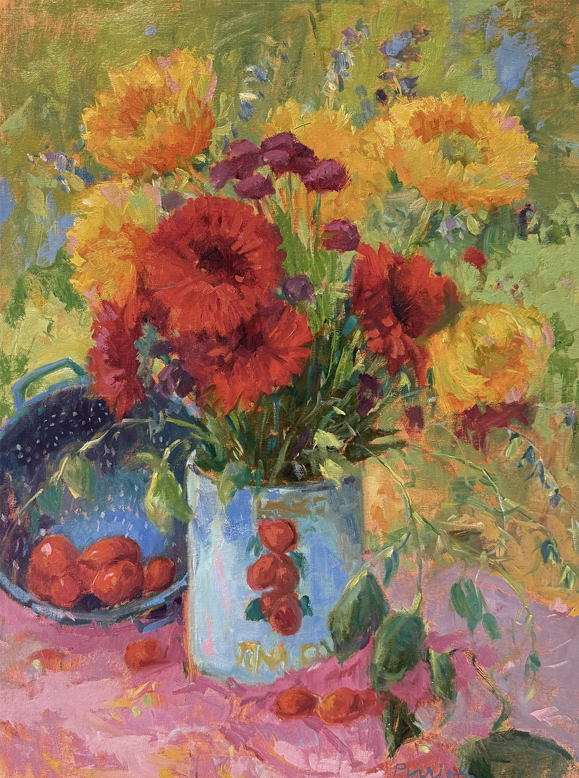 plein air painting of red and yellow flowers in a blue vase with cherries