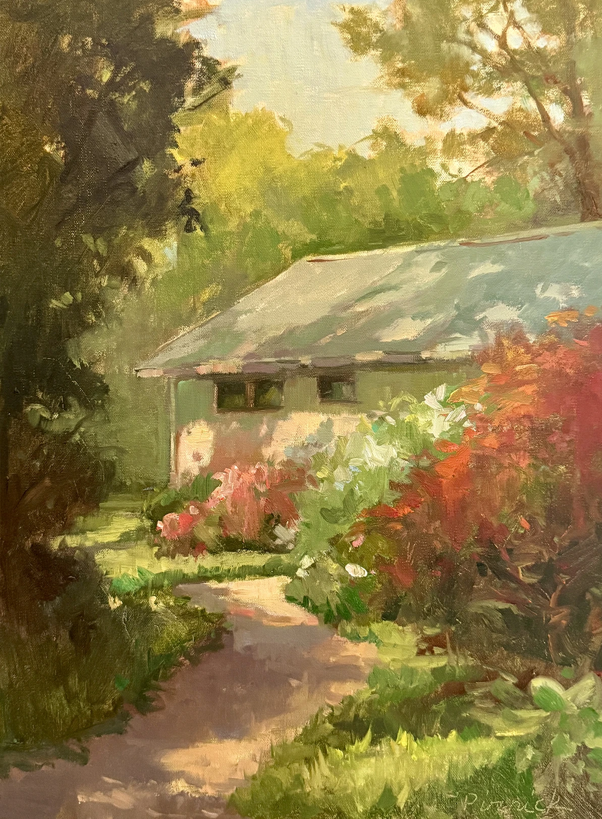 plein air painting of cottage with flowering shrubs along a garden path
