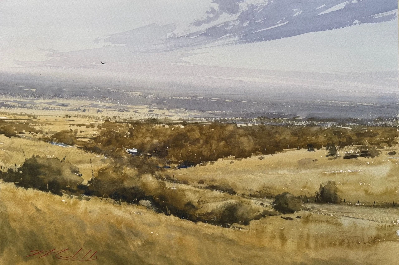 plein air painting of watercolor of rolling golden hills under gray sky