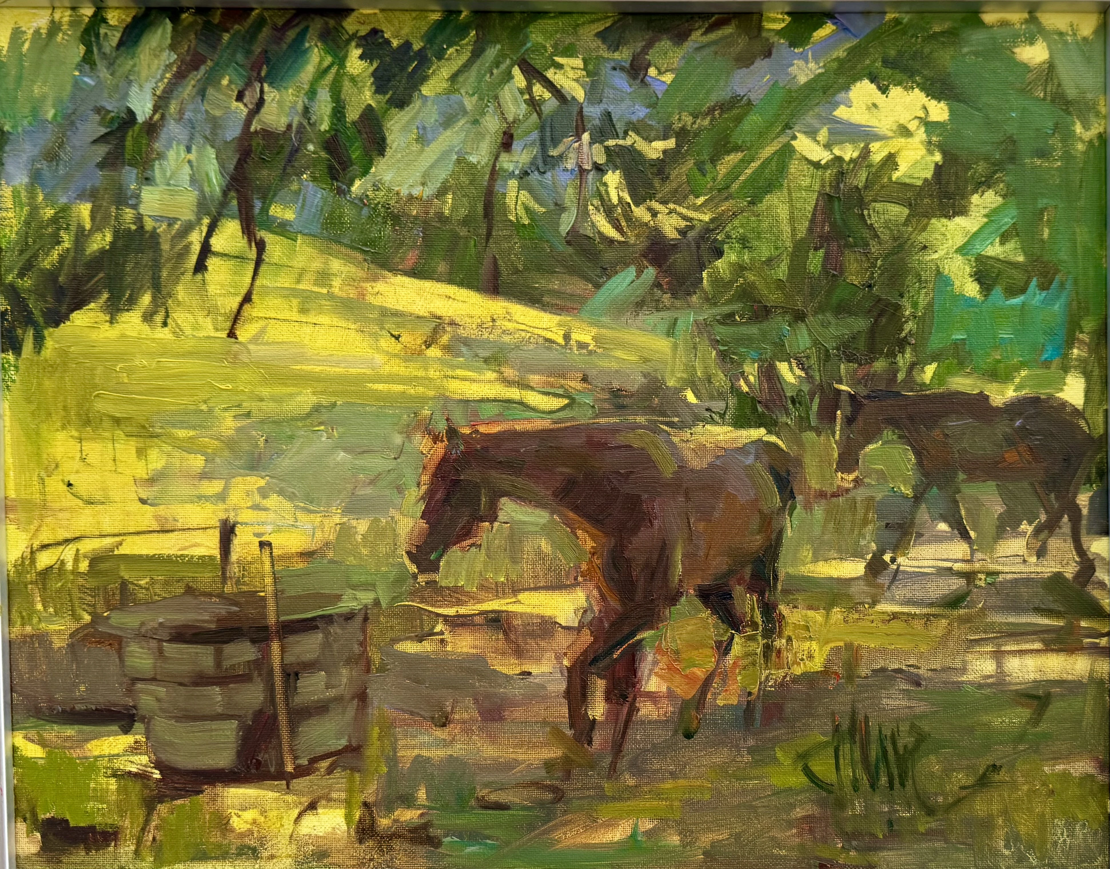 plein air painting of horses grazing in dappled shade under green trees