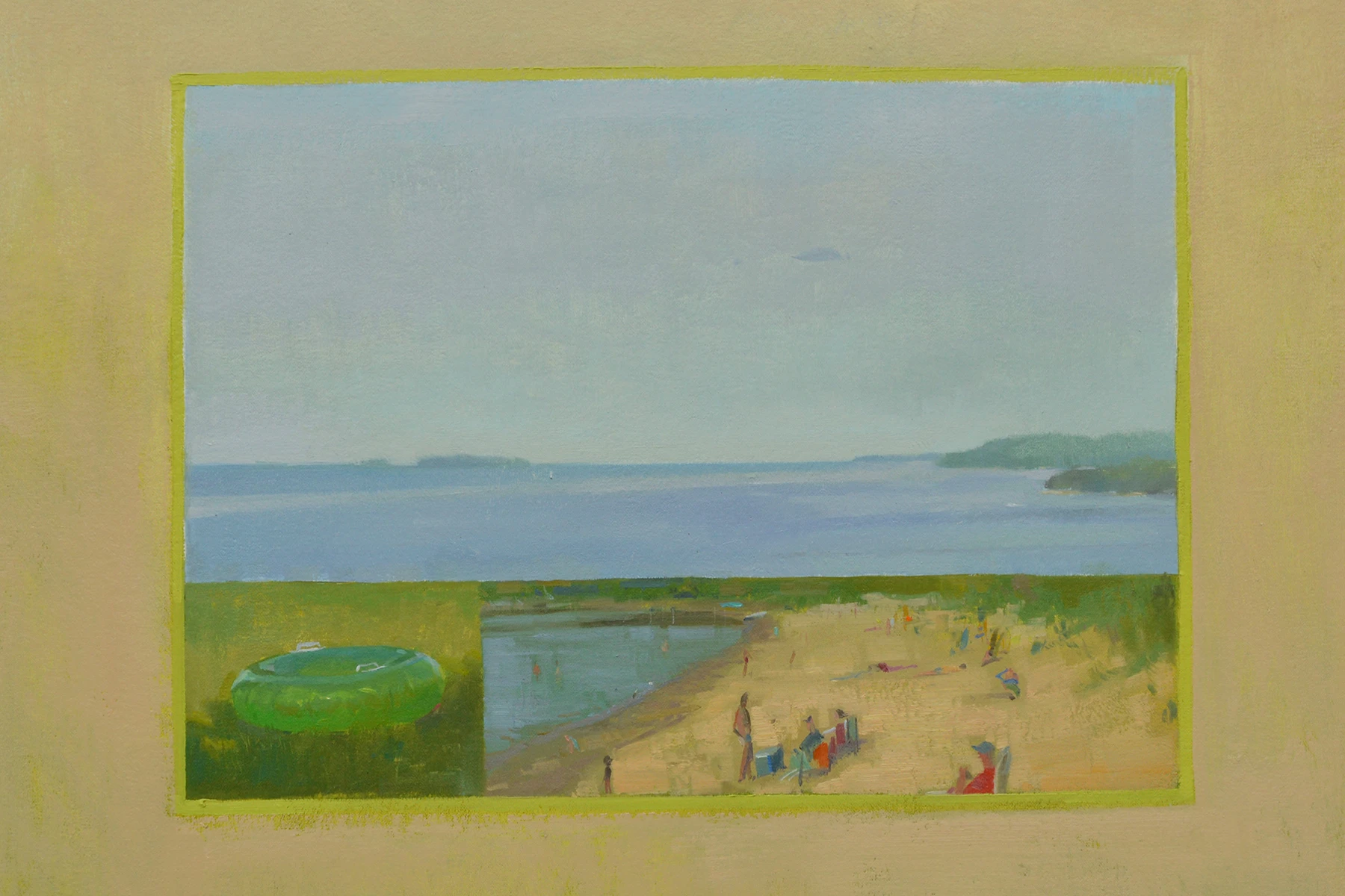 plein air painting of beach scene with an inner tube and figures on shore
