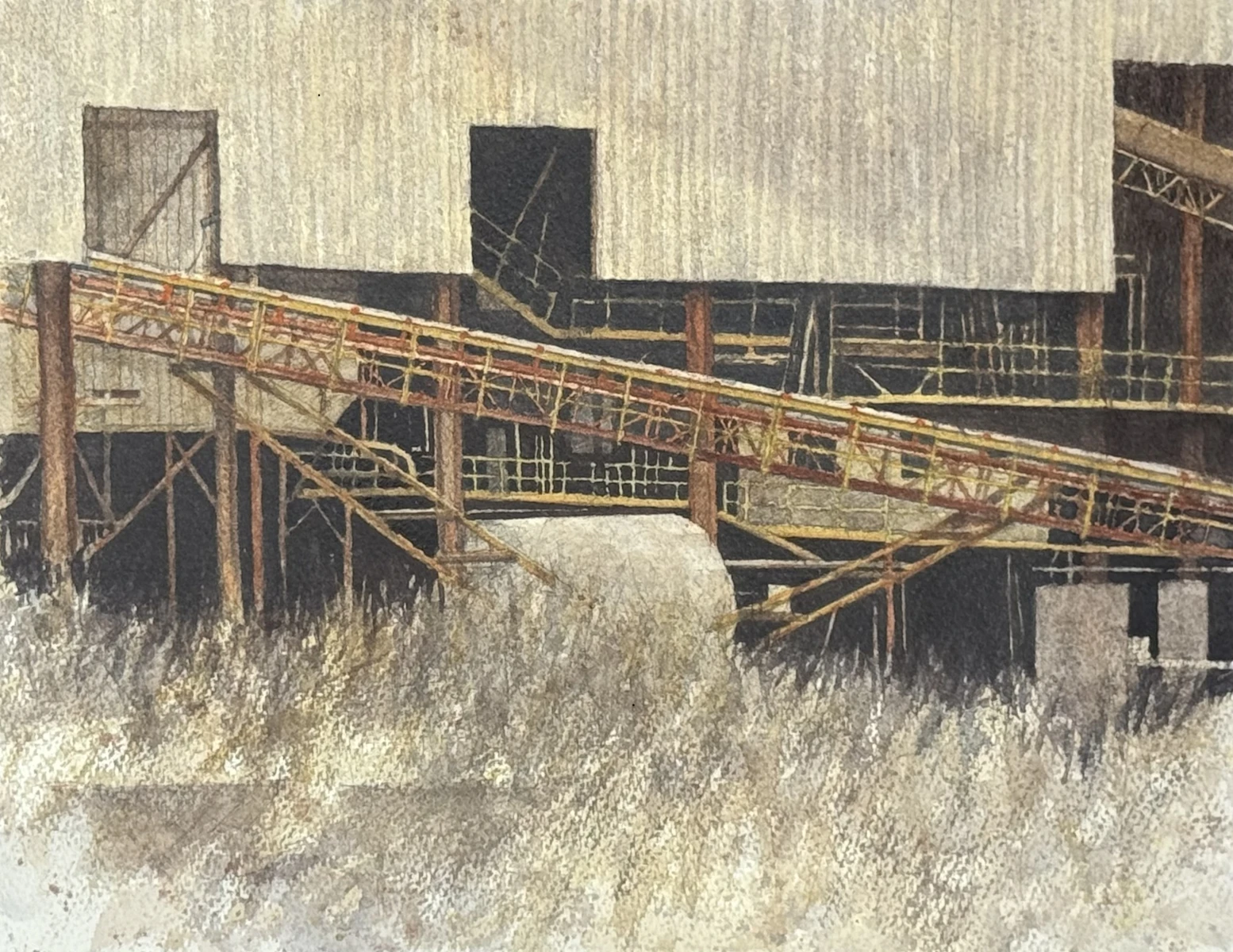 plein air painting of industrial grain elevator and conveyor belt structure