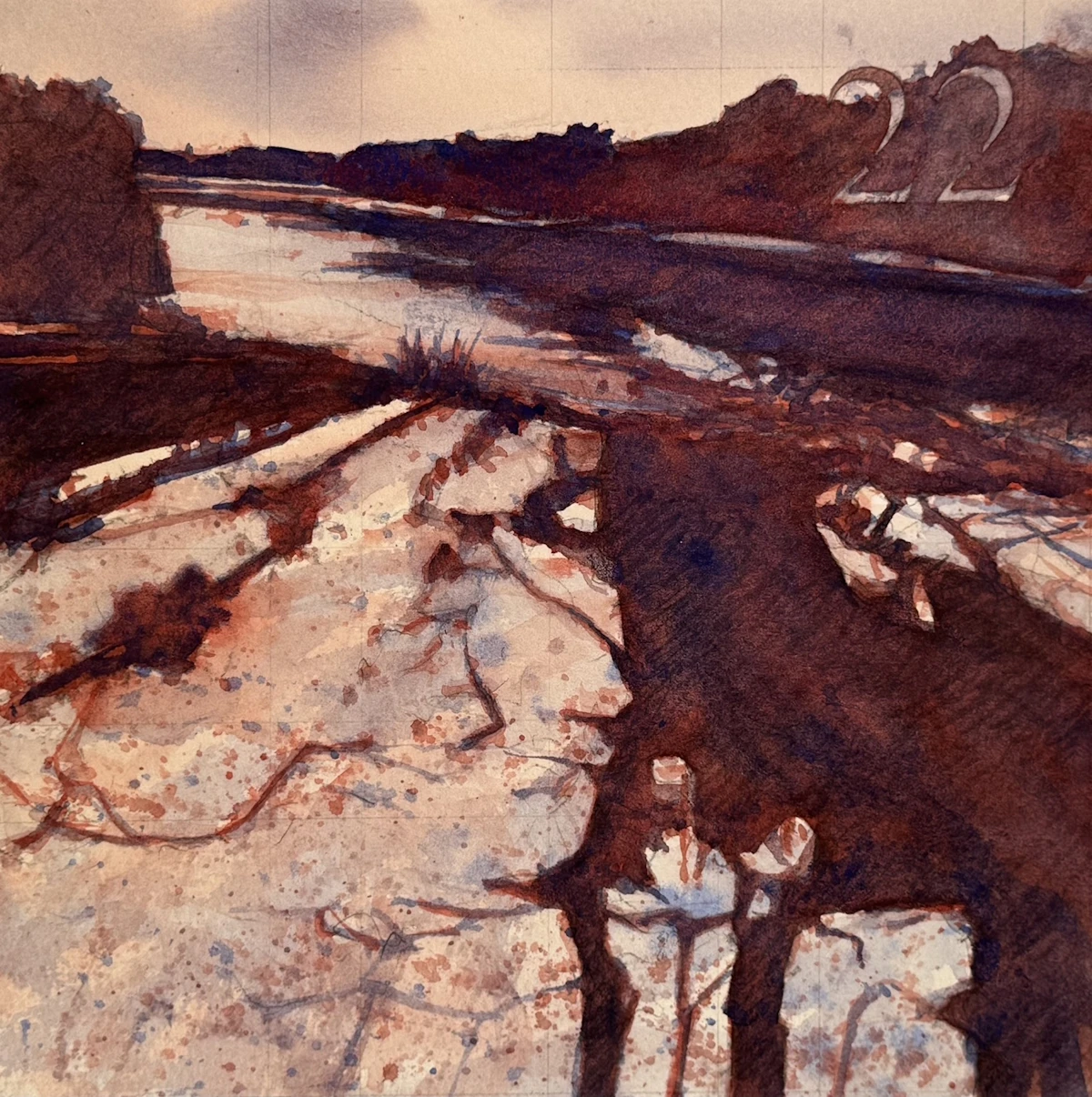 plein air painting of dry riverbed with rocky banks under a moody sky