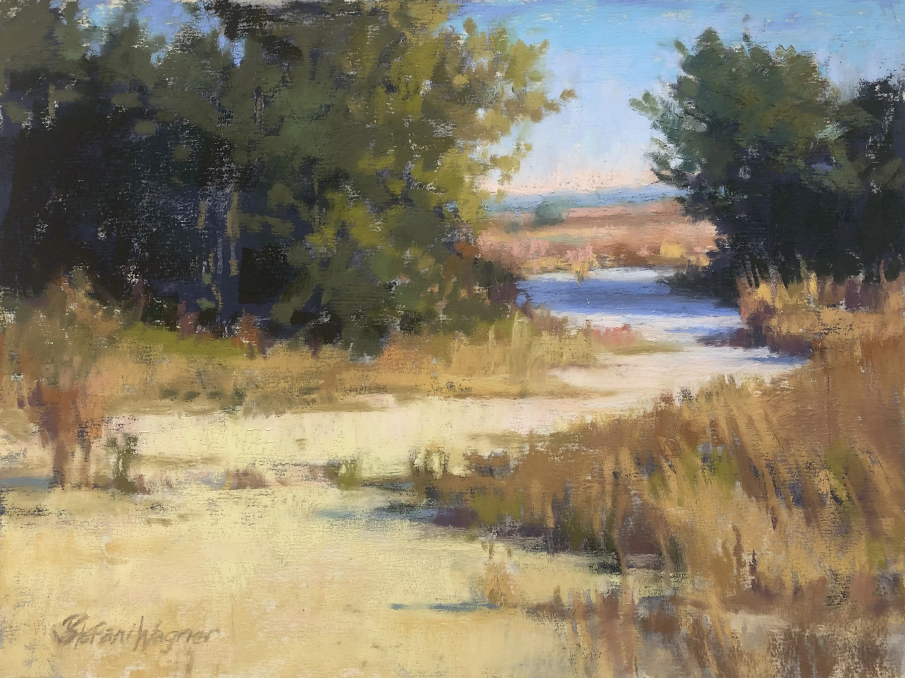 plein air painting of sandy path through golden grasses leading to a river
