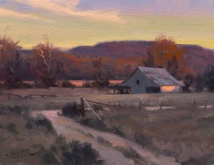 plein air painting of weathered barn at sunset with purple hills and dirt path