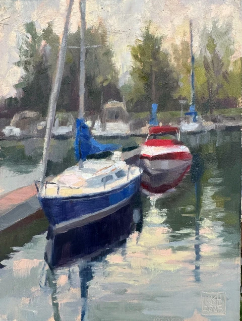 plein air painting of blue sailboat and red motorboat docked at a marina