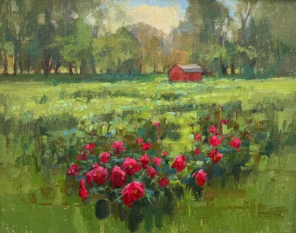 plein air painting of red barn in a green meadow with red peony flowers