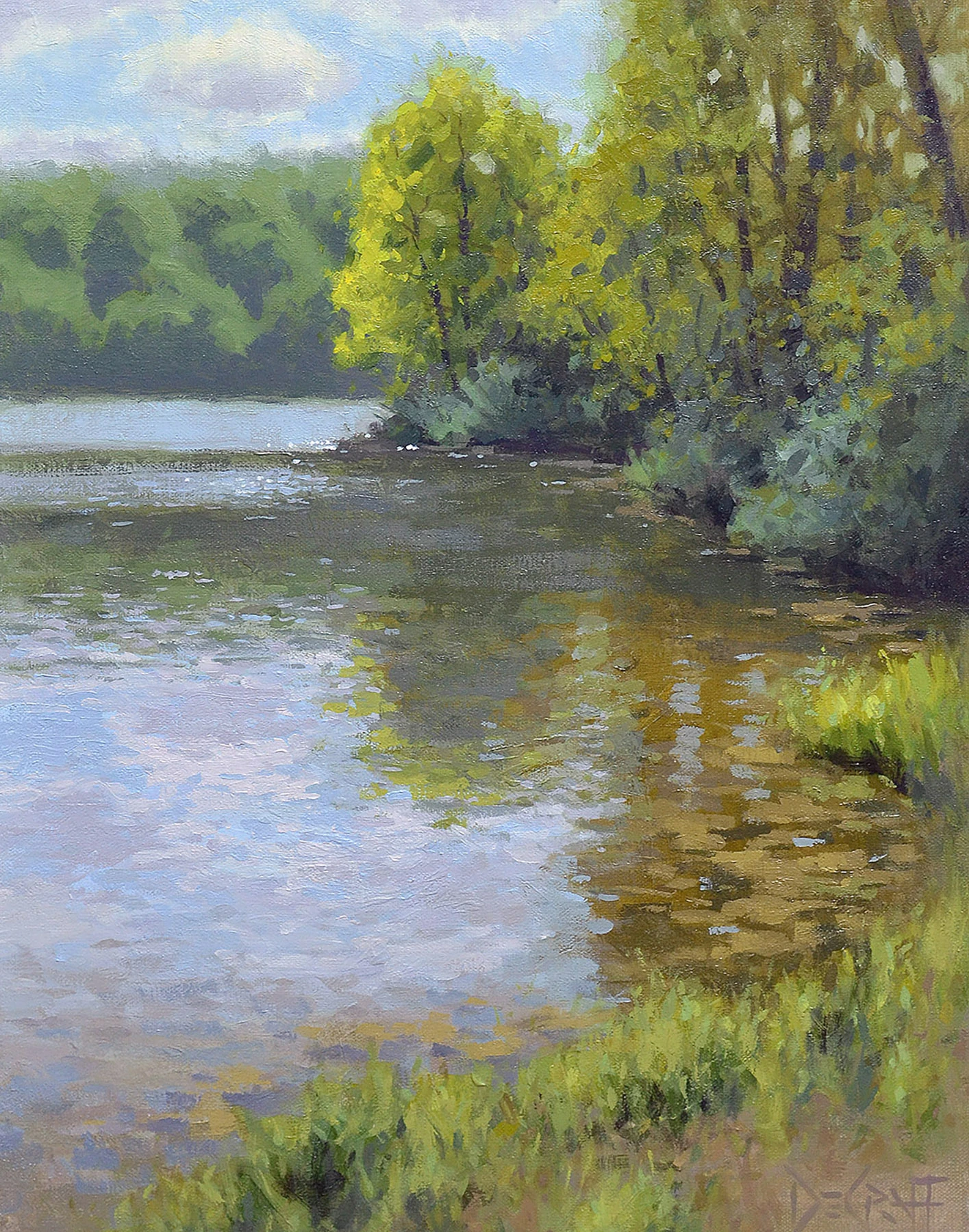 plein air painting of calm river with green trees reflected in sunlit water