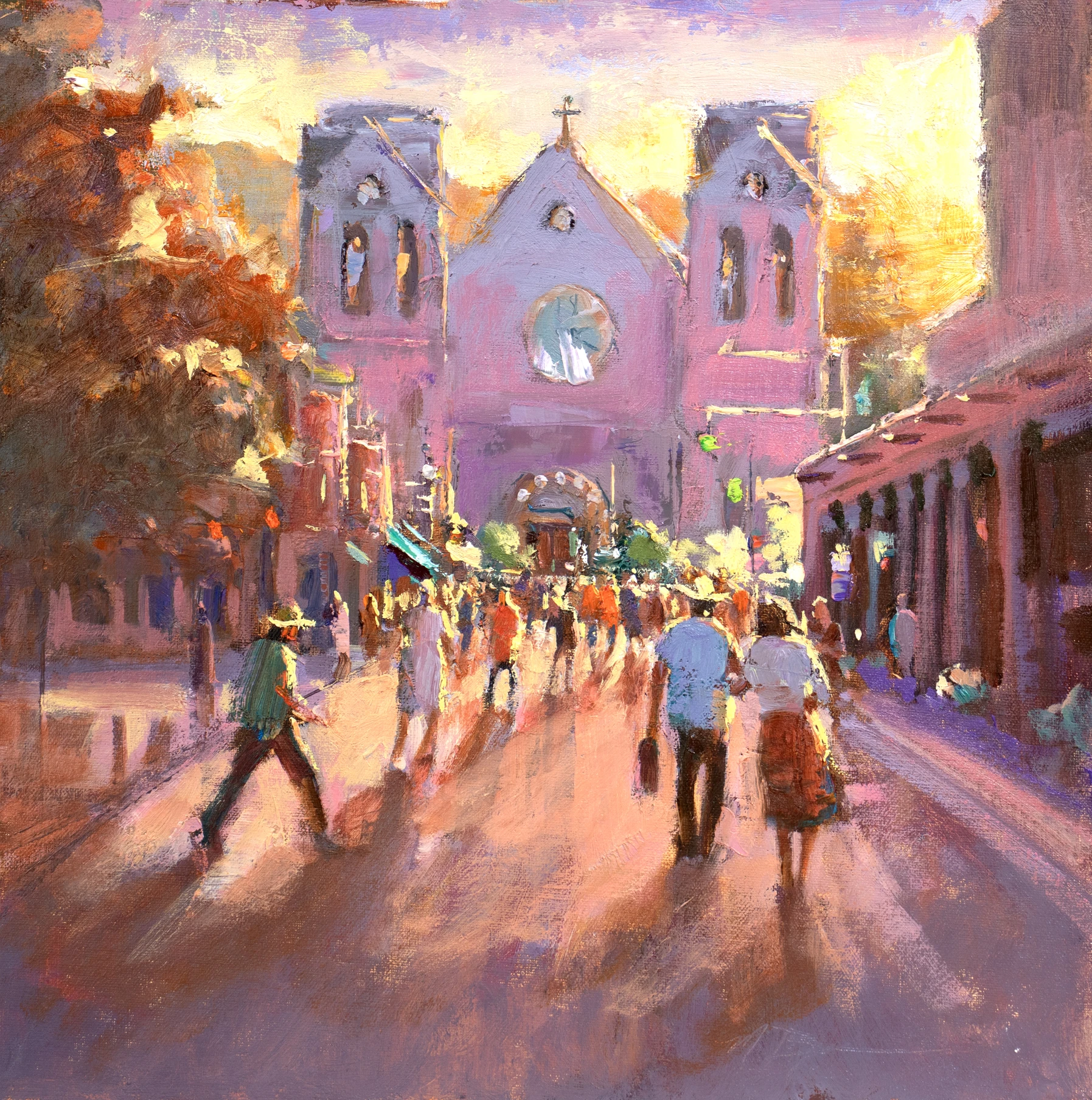 plein air painting of crowd walking toward a grand basilica at golden hour