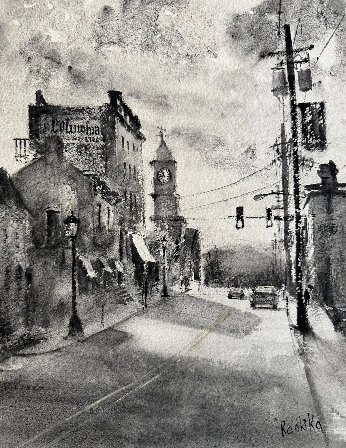 plein air painting of black and white watercolor of downtown with clock tower