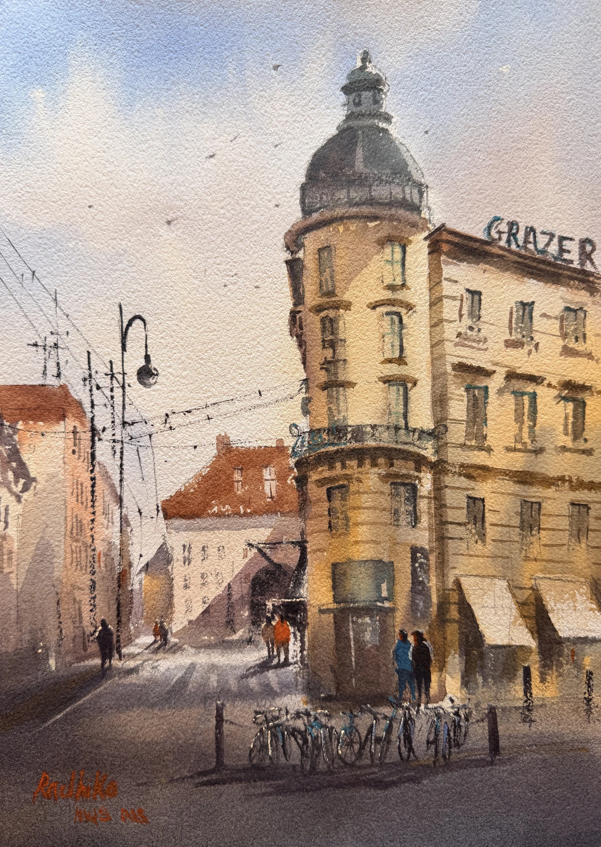 plein air painting of european street corner with domed building and bicycles