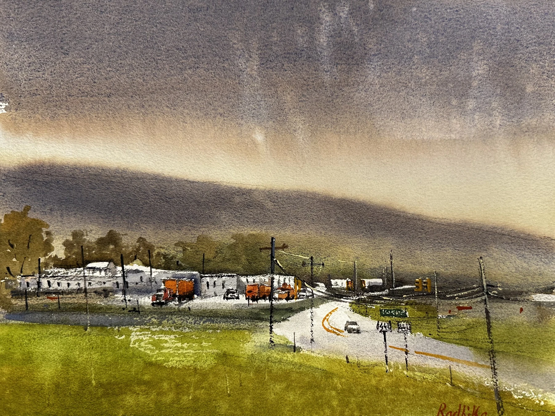 plein air painting of watercolor highway scene under dramatic storm clouds