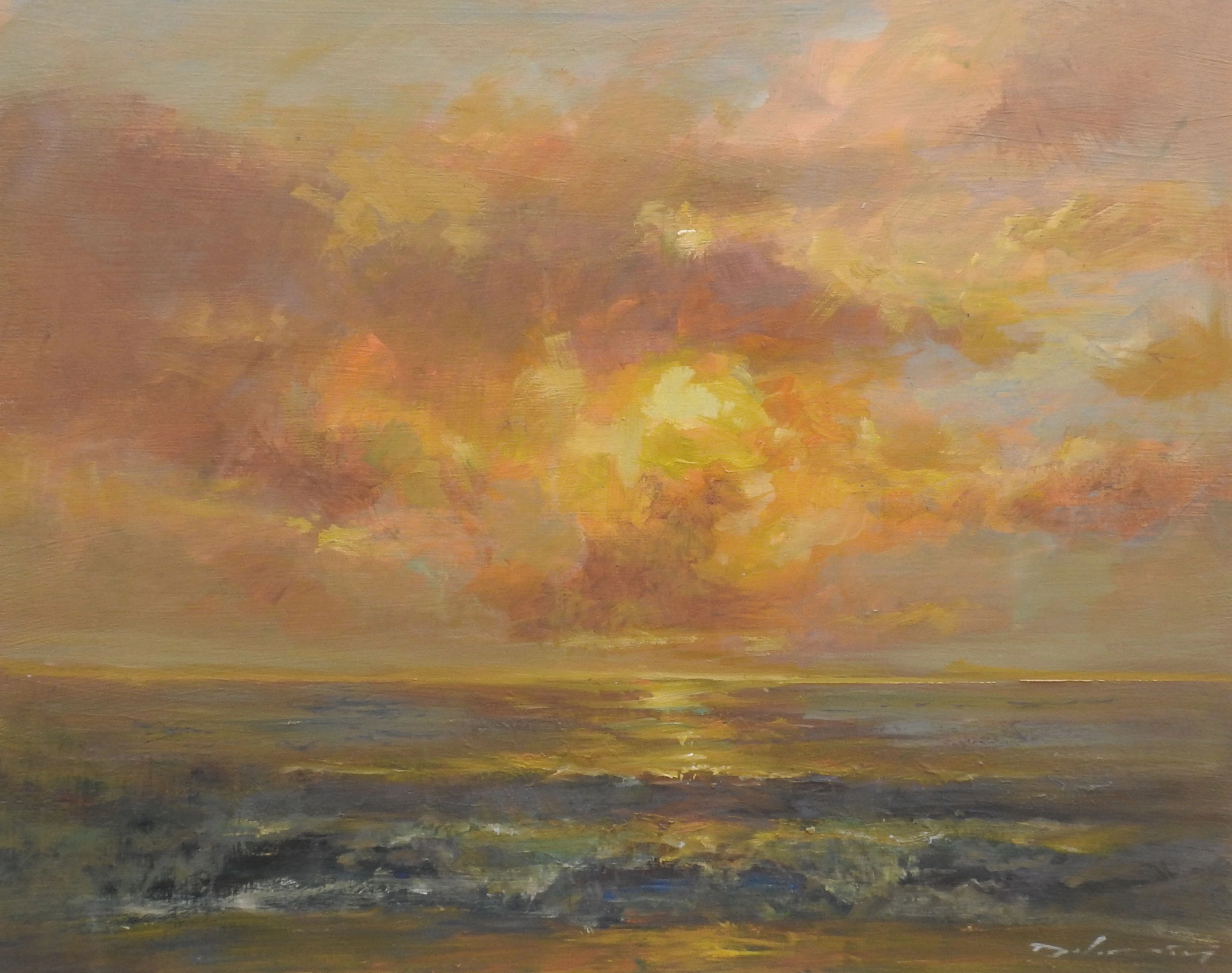 plein air painting of golden sunlight bursting through clouds over ocean waves