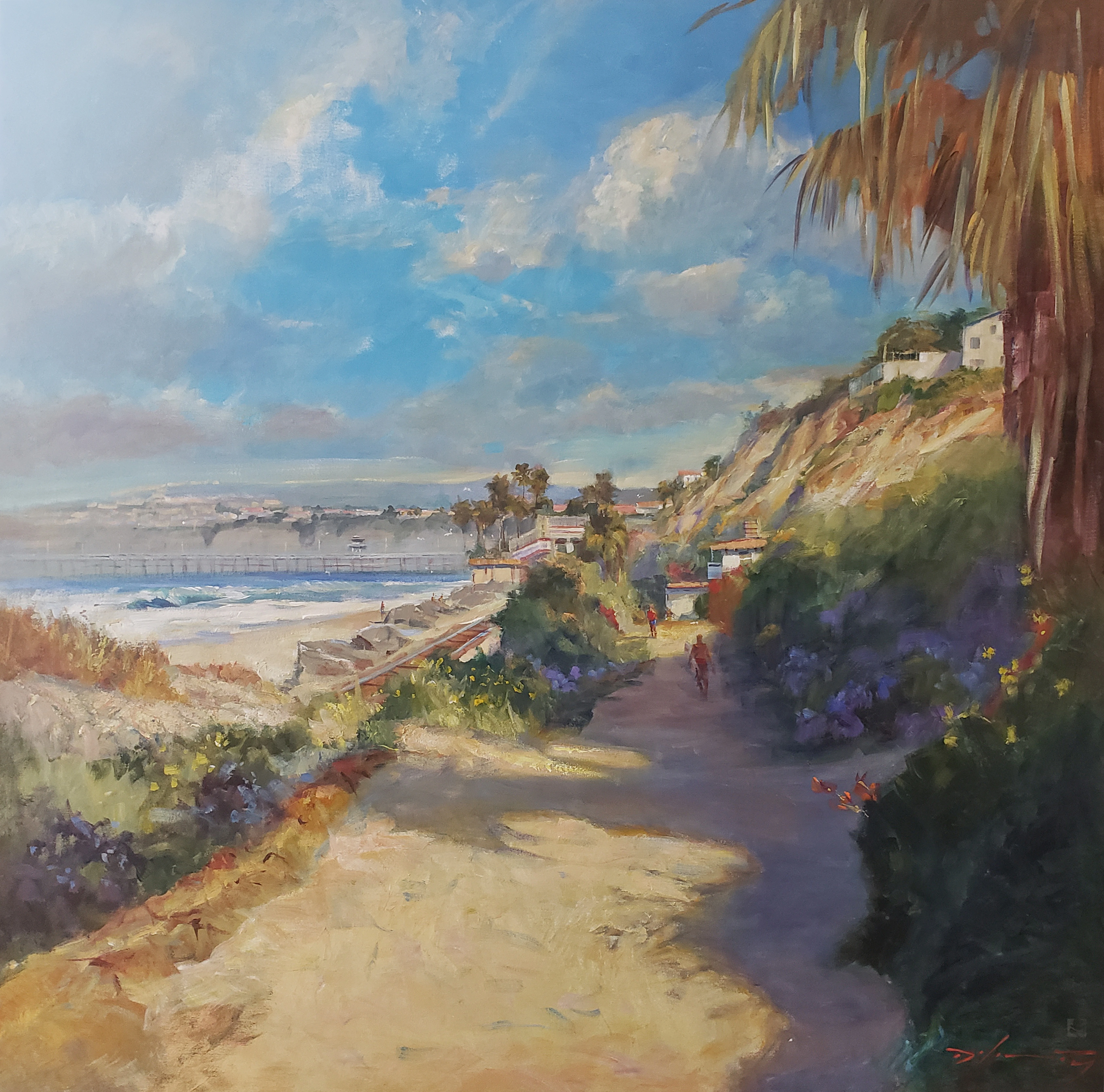 plein air painting of a sunlit coastal path along san clemente bluffs overlooking the ocean