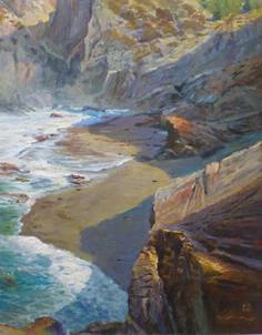 plein air painting of ocean waves crashing against rugged coastal cliffs