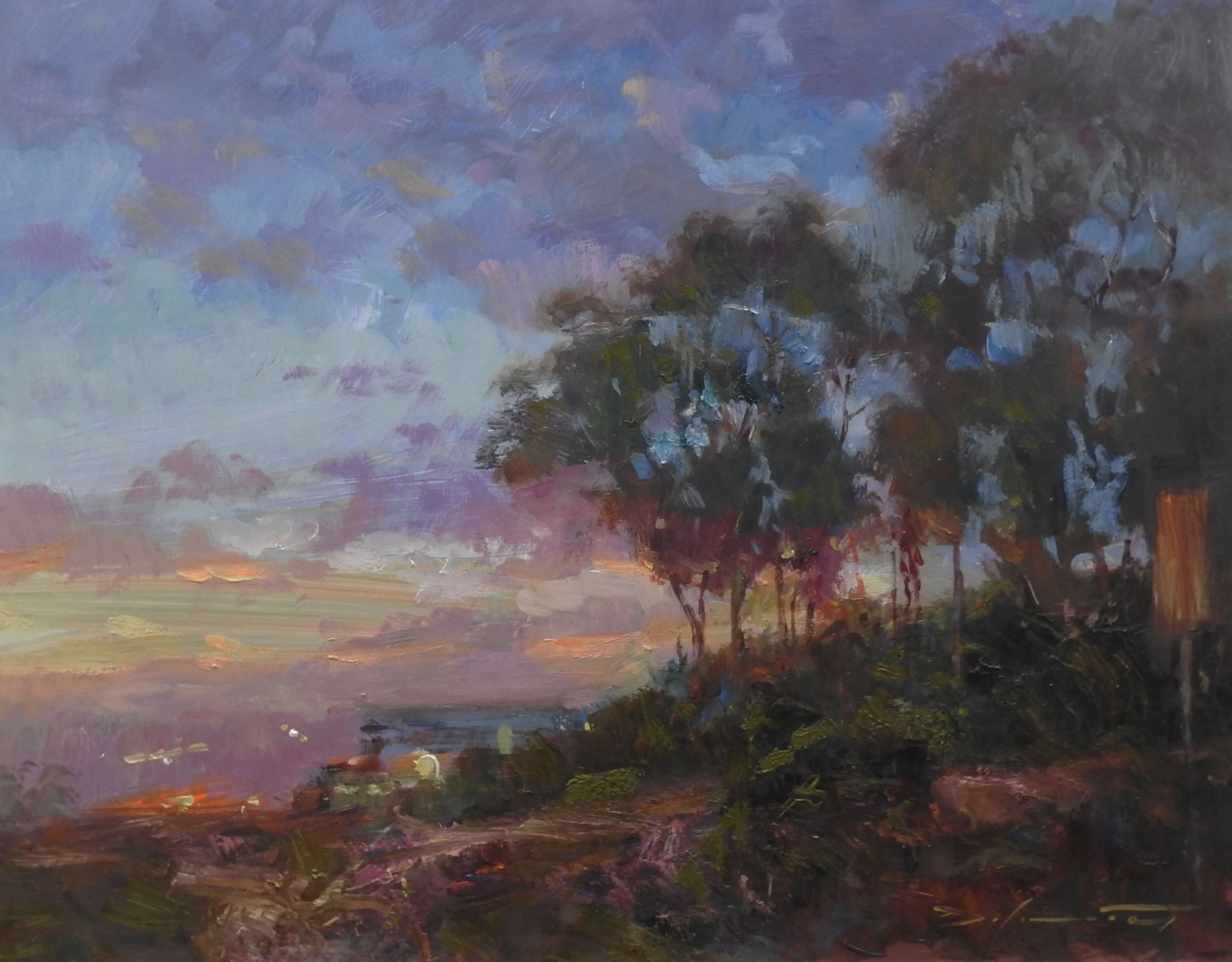 plein air painting of trees silhouetted against a dusky purple sky over calm water