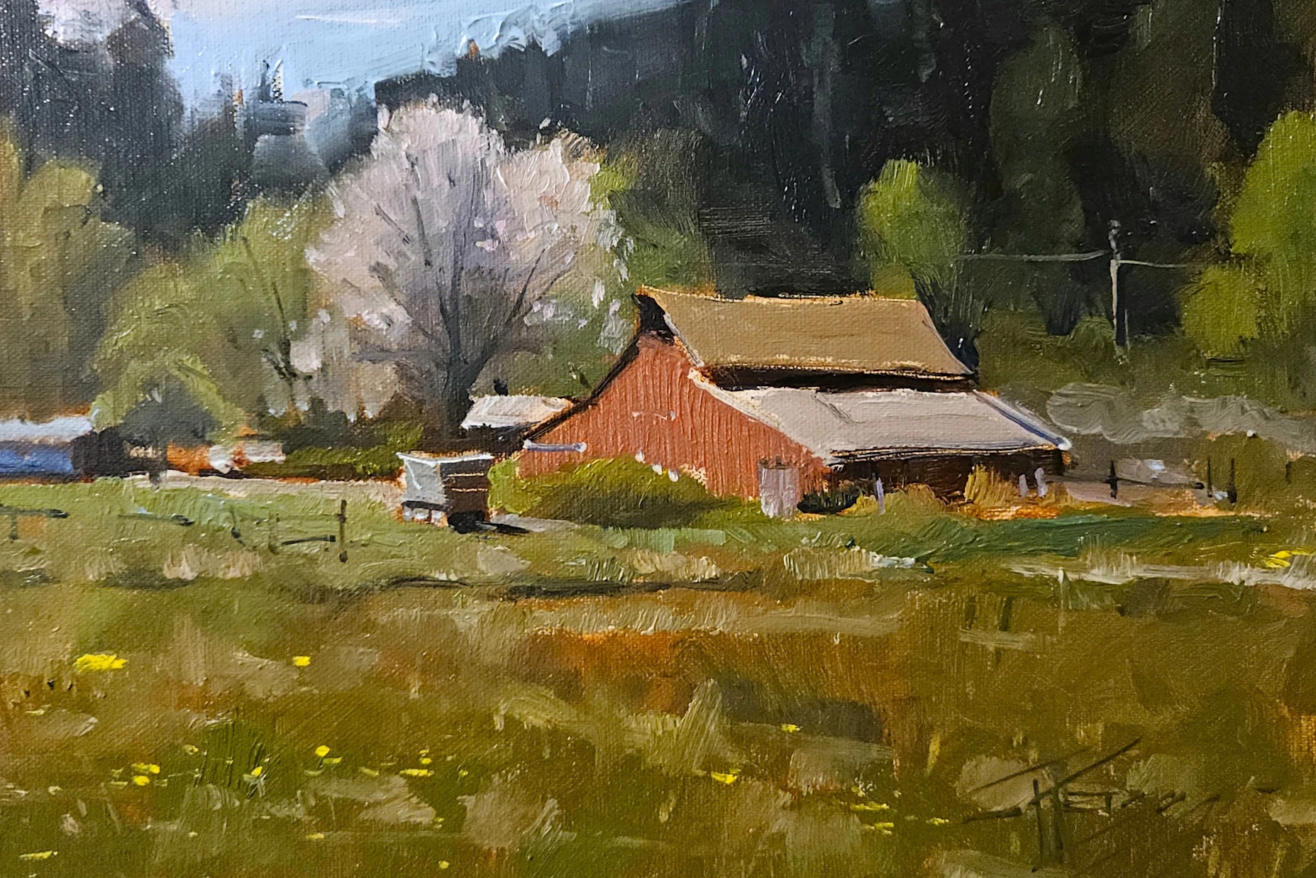 plein air painting of red barn in a spring meadow with blooming trees